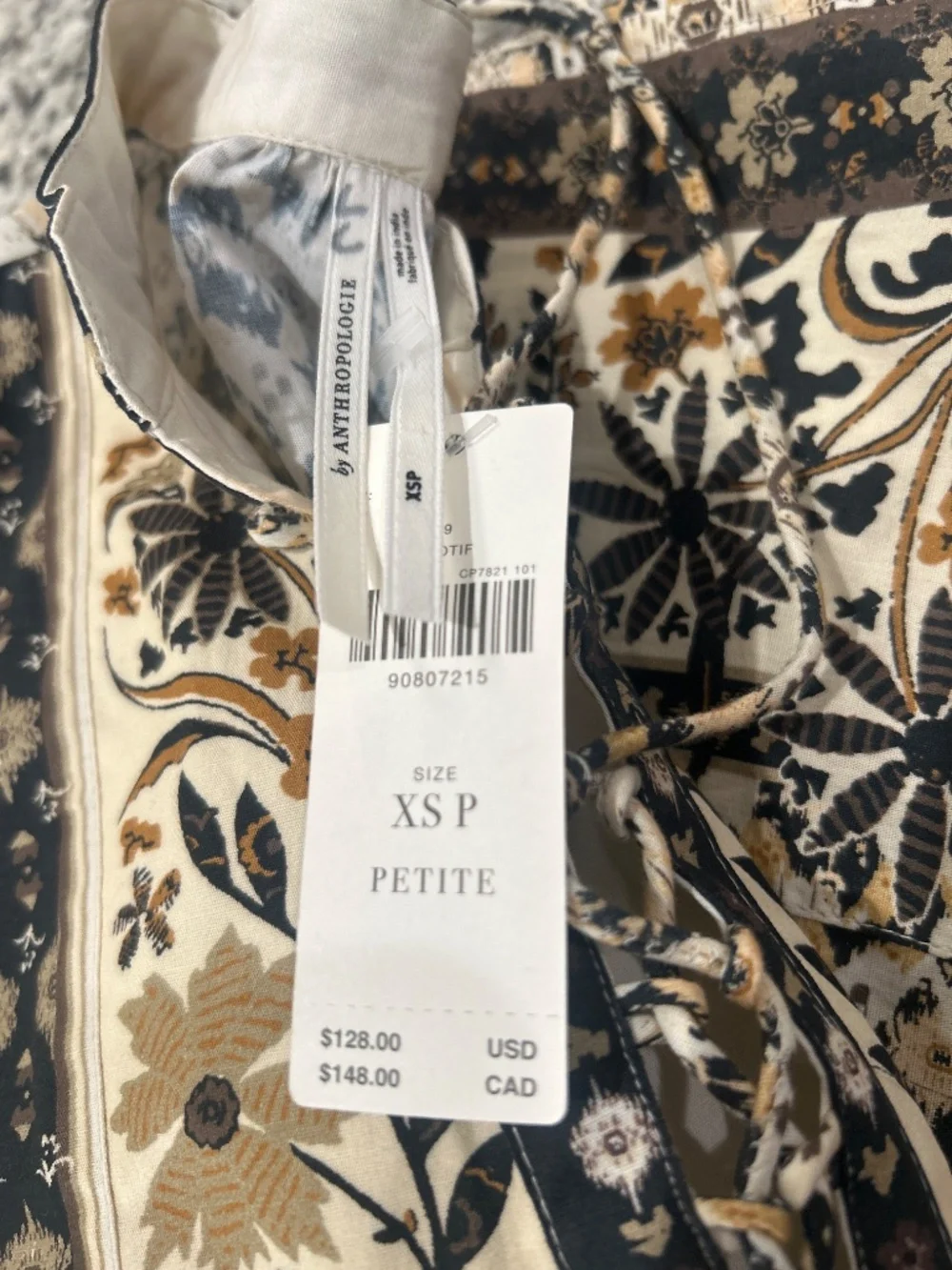 Anthropologie Pleated Puff-Sleeve Blouse Black Motif Size XSP
